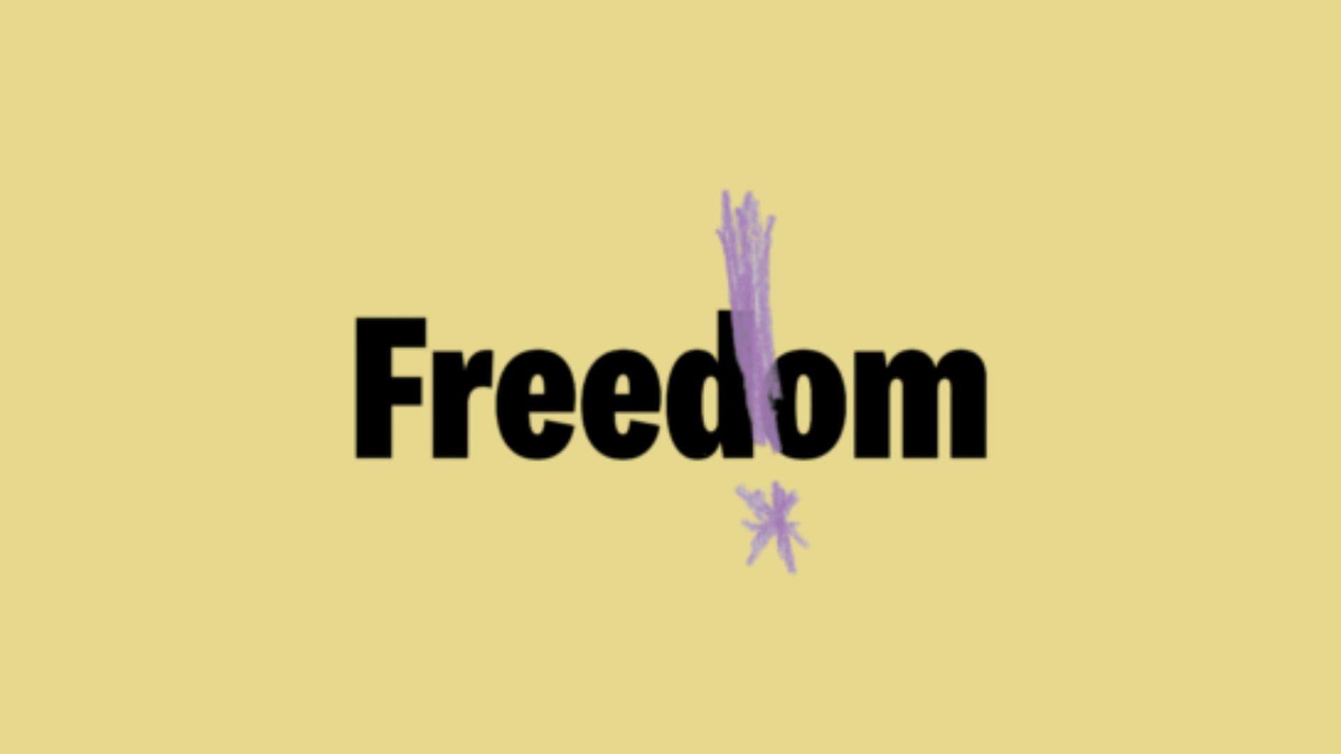 Freedom course logo on yellow background with purple crayon-drawn exclamation mark