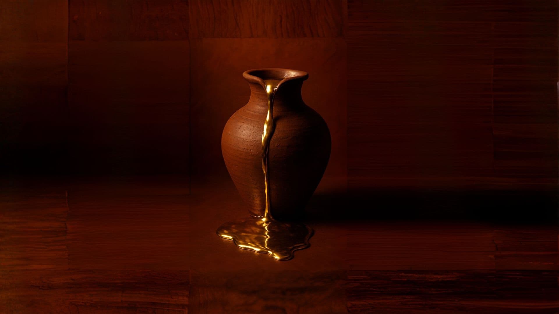 Clay jar overflowing with liquid gold forming a puddle
