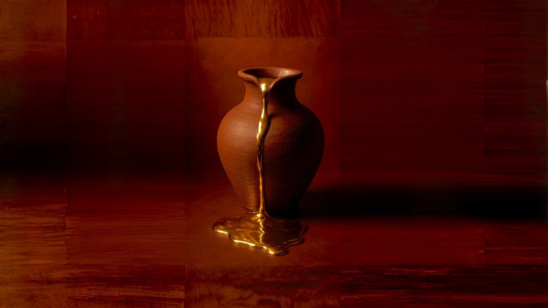 Sistahood header with clay jar with liquid gold overflowing out of it onto the floor